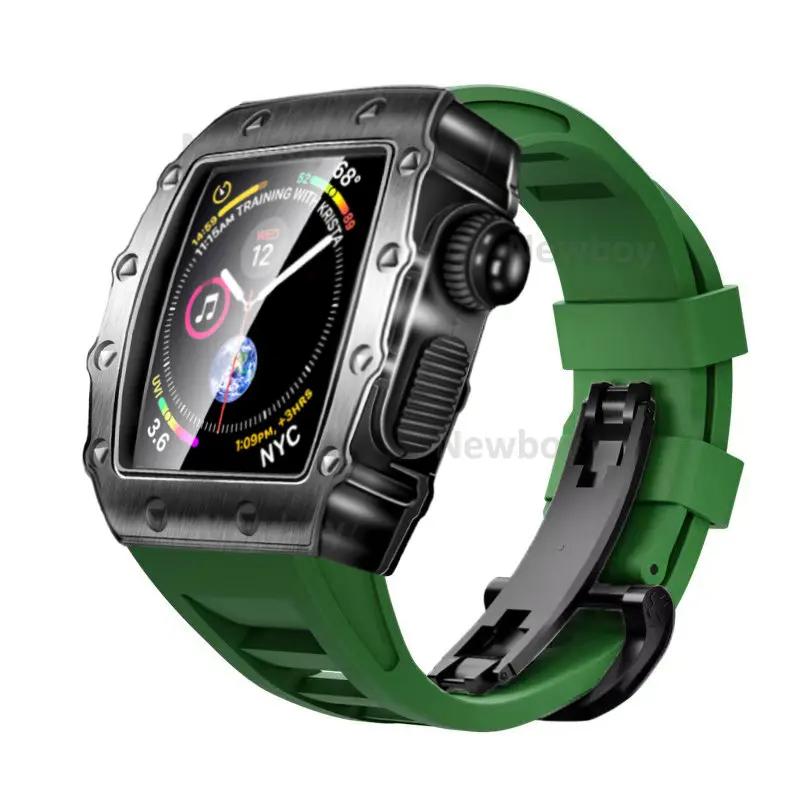 Men Case Strap for Apple Watch Series 8 7 41mm 45mm Rubber Sport Band for iWatch 6 5 4 SE 40 44mm Luxury Metal Modification Kit