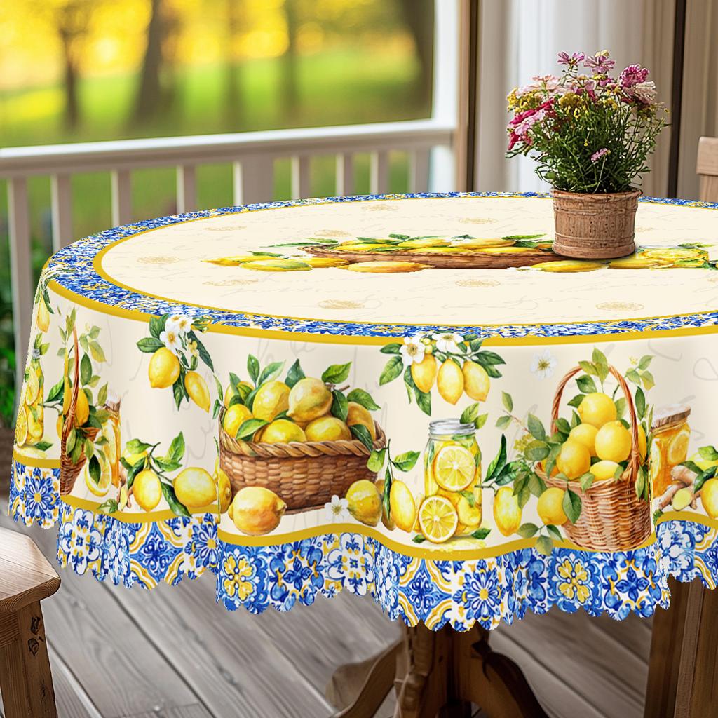 1 Piece Of Spring And Summer Flower-Themed Round And Rectangular Tablecloths, Available In Various Sizes, Retro Lemon Flower Pattern Printing Design,