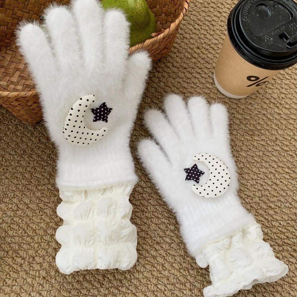 Star Bear Patch Design Full Finger Gloves Thick Plush Winter Gloves  Cold Weather