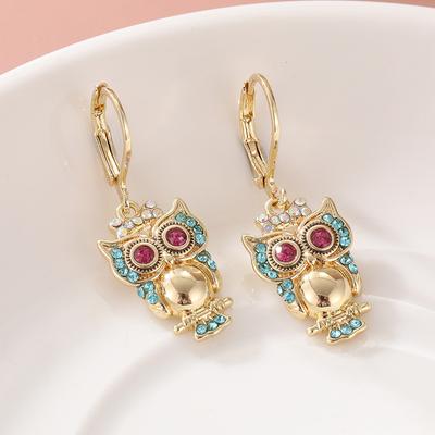 Earrings European and American Owl Red Crystal Copper Earrings