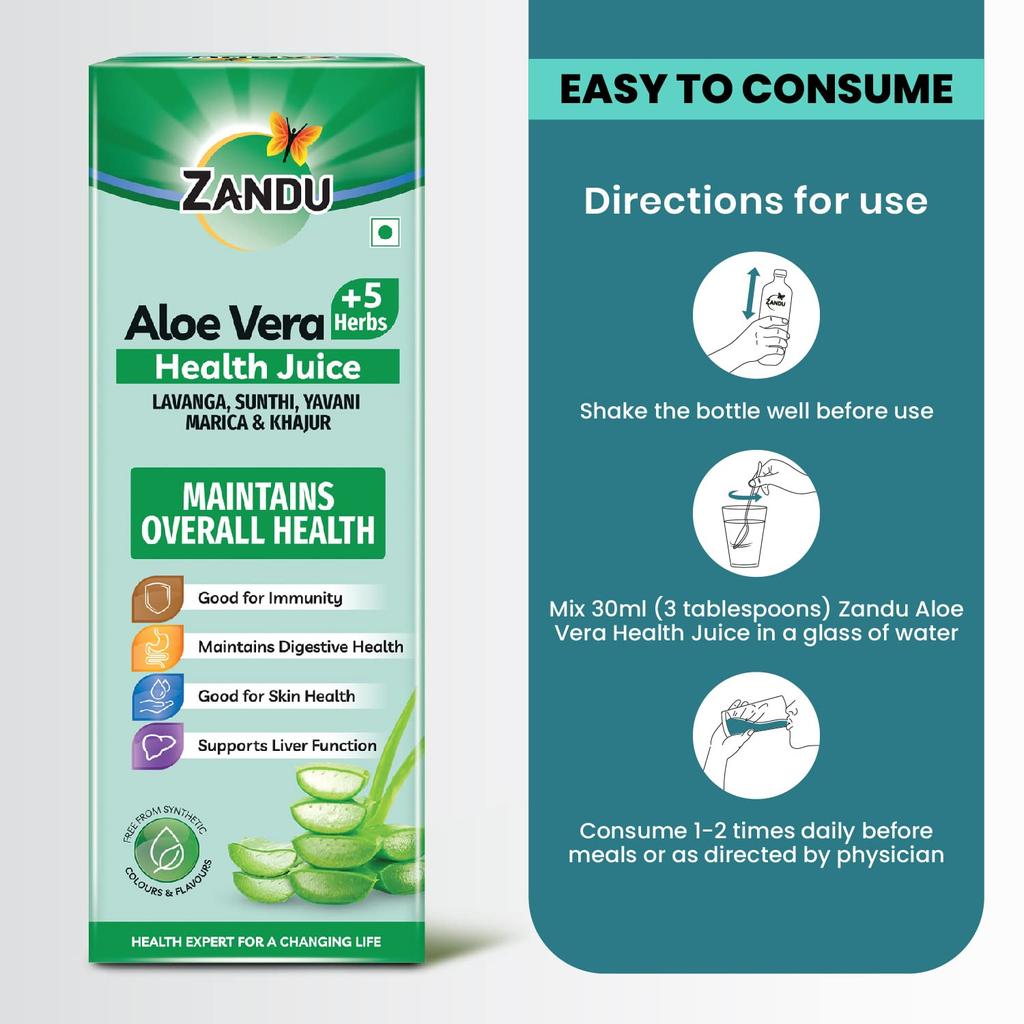 Zandu Aloe Vera + 5 Herbs Health Juice 1000 ml Ayurvedic Herbal Drink No Added Sugar Daily Wellness Digestive Skin Support