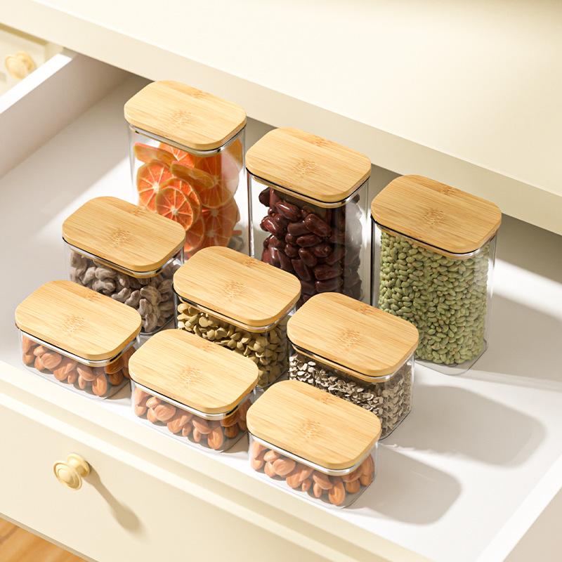 Transparent Plastic Food Jar with Bamboo Lid for Kitchen Storage