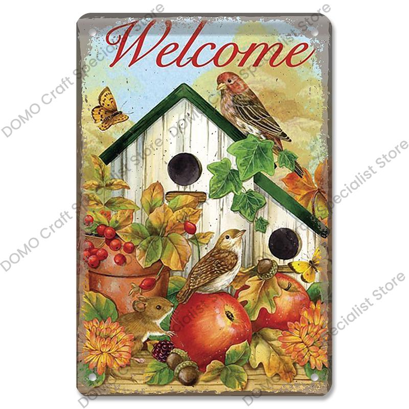 Welcome Poster Metal Plate Vintage Pumpkin Sunflower Bird Metal Tin Signs Wall Decor Garden Door Cafe Party