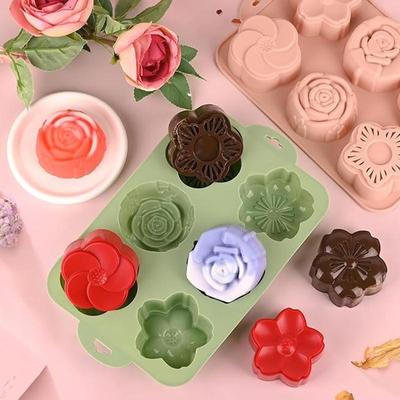 SU Flower Silicone Mold, 6 Cavities Different Flower Shapes Baking Molds For Make Chocolate Cake Jelly Homemade Soap Bath Bombs