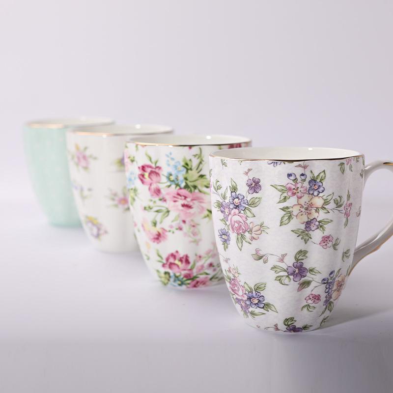 Bone China Coffee Mugs with Gold Rim, Porcelain Tea Mug 450ml Floral Teacups for Women Birthday Christmas Gifts