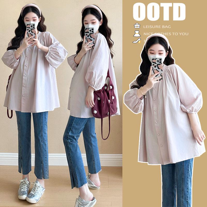 2026 Quality Spring Maternity Wear: Trendy Long Sleeve Mid-Length Doll Shirt for Moms 2XL