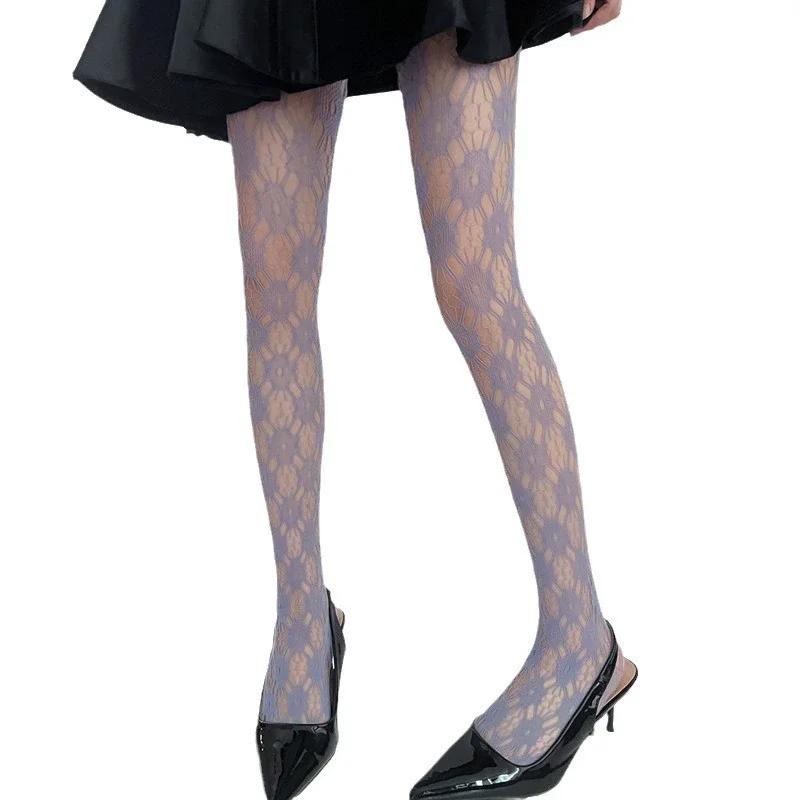 Women's Black Sexy Lace Fishnet Floral Hollowed-out Tights Lolita Sweet Silk Stockings JK Shaping Personality Mesh Pantyhose
