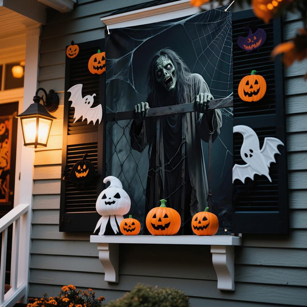 One Halloween horror party banner made of polyester, featuring terrifying zombie designs, for both indoor and outdoor decoration