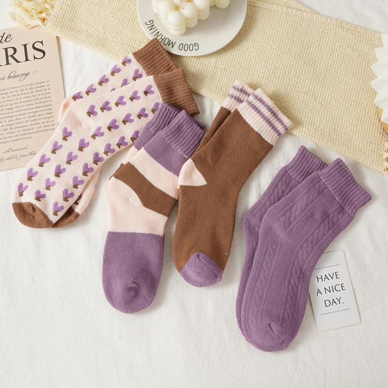 Women's Autumn and Winter Thickened Socks Warmth Purple Heart-shaped Breathable Floor Socks