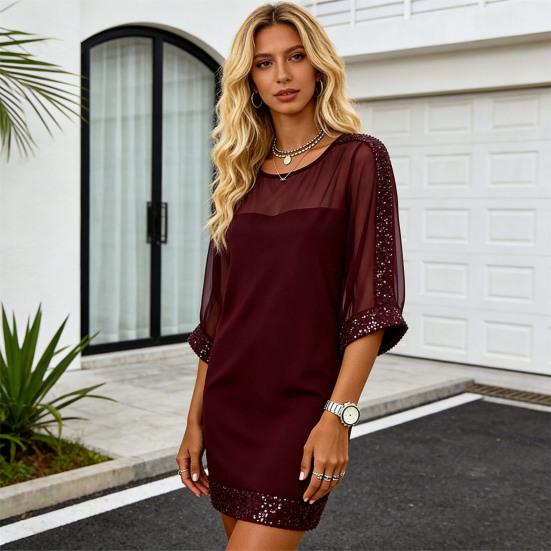 Women's 3/4 Sleeve Mesh Wedding Guest Dress Sparkly Sequins Mini Bodycon Dress Cocktail Party Formal Dress cm colore blu navy