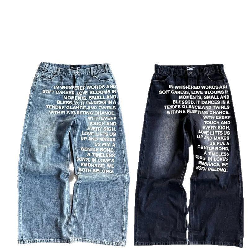 American Retro Letter Print Washed Jeans Loose Straight Leg Streetwear Unisex Women