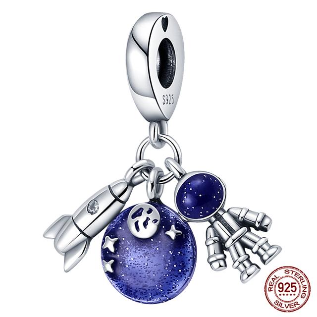 Fit moda 925 pulseiras originais 925 prata azul astronauta aeronaves encantos de viagem contas pingentes para mulheres moda jóias diy