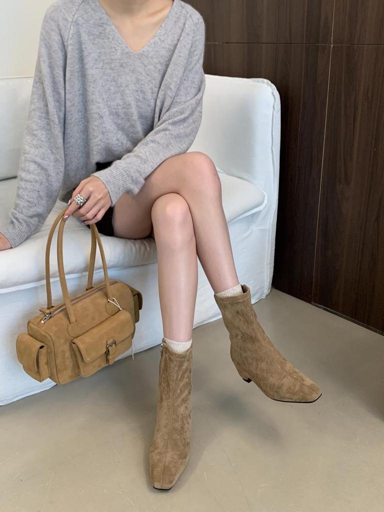 Square toe low-heeled suede fashion boots 2025 fall Korean version of the new temperament retro boots side zipper Chelsea boots