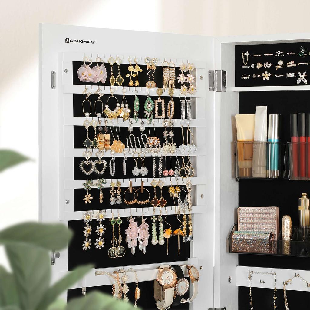 SONGMICS Jewellery Cabinet Armoire, Lockable Wall-Mounted Storage Organiser Unit with 2 Plastic Cosmetic Storage Trays, Full-Length Frameless Mirror
