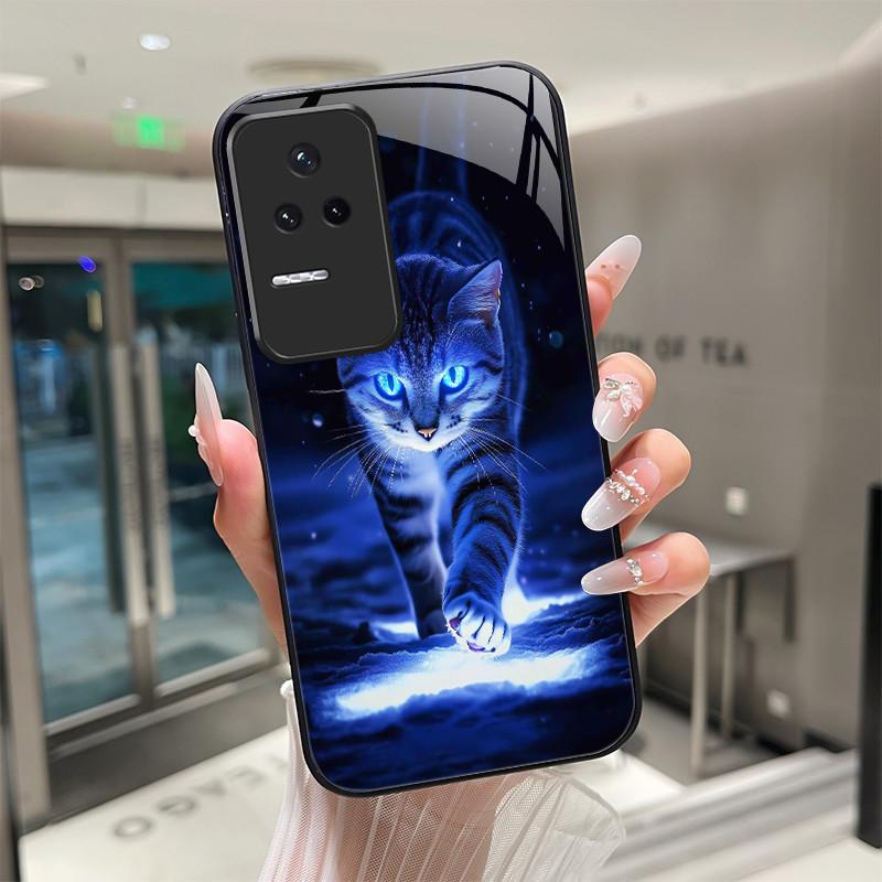 Beautiful Flower Cute Cats Case For Xiaomi Poco F4 5G / Redmi K40S Tempered Glass Phone Case Protective Back Cover Hard Shell
