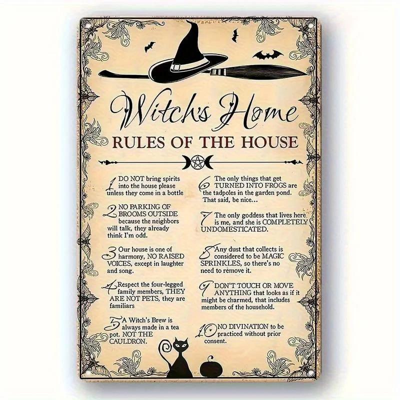 Vintage Witchs Home Rules Metal Tin Sign Iron Wall Hanging Decorative Plaque with Spooky Halloween Design