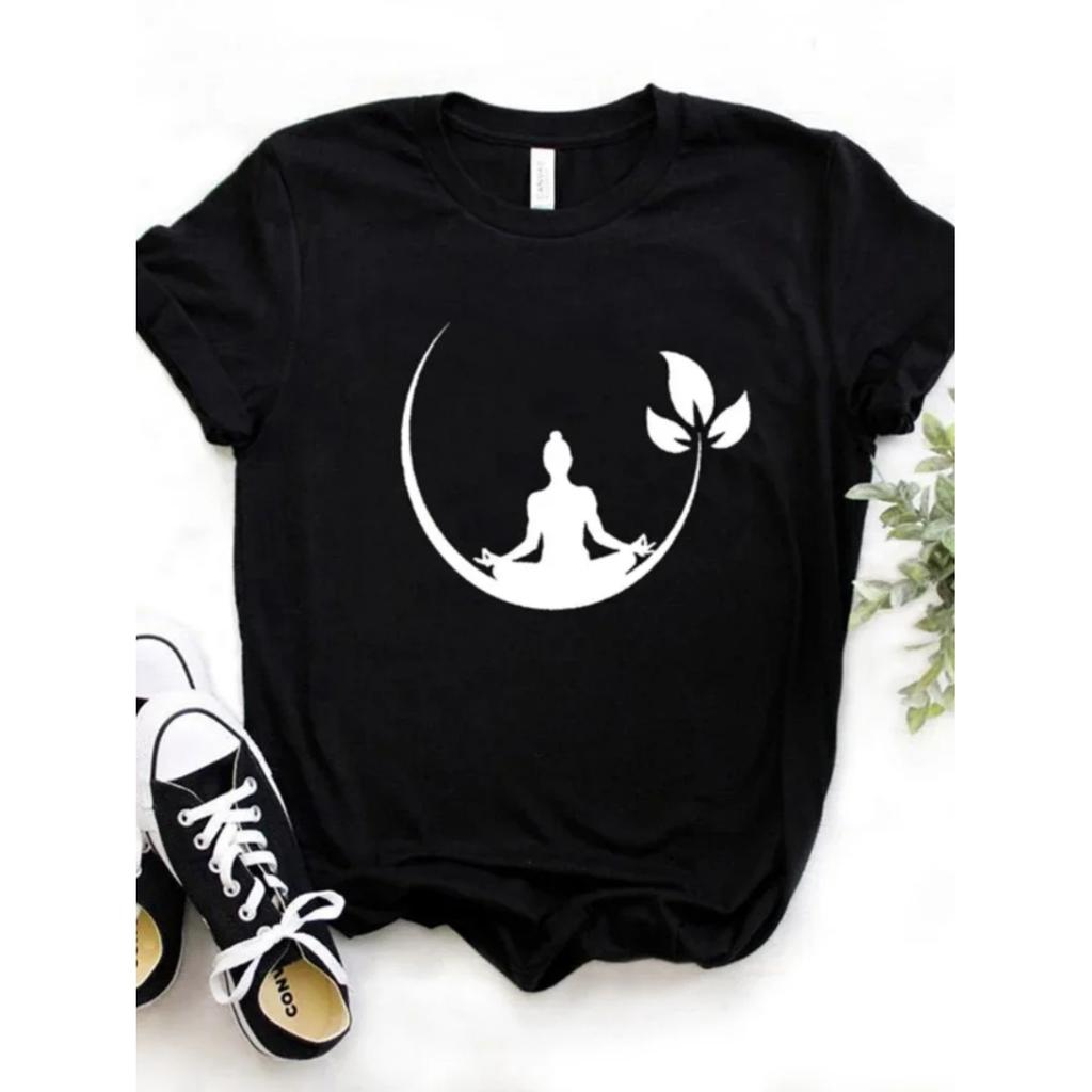 Camiseta Feminina Estampa Buda Lótus Camiseta Manga Curta Gola Redonda Solta Camiseta Casual Feminina Roupas Tops