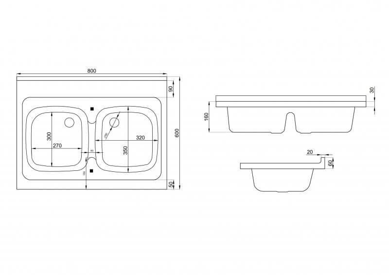 Kitchen sink 60x80 cm, 2-bowl + FREE SIPHON
