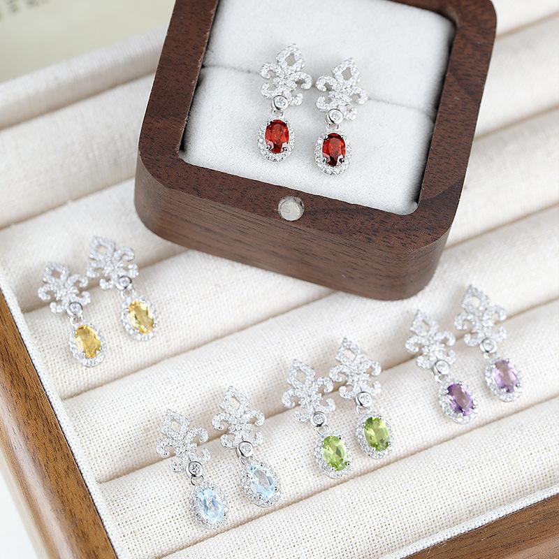 S925 Silver Earrings, Natural Garnet/Topaz Crystal Studs, Elegant Jewelry for Women