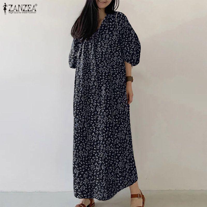 ZANZEA Abito lungo casual da donna con stampa floreale, scollo a V, manica a 3/4, vestibilità ampia