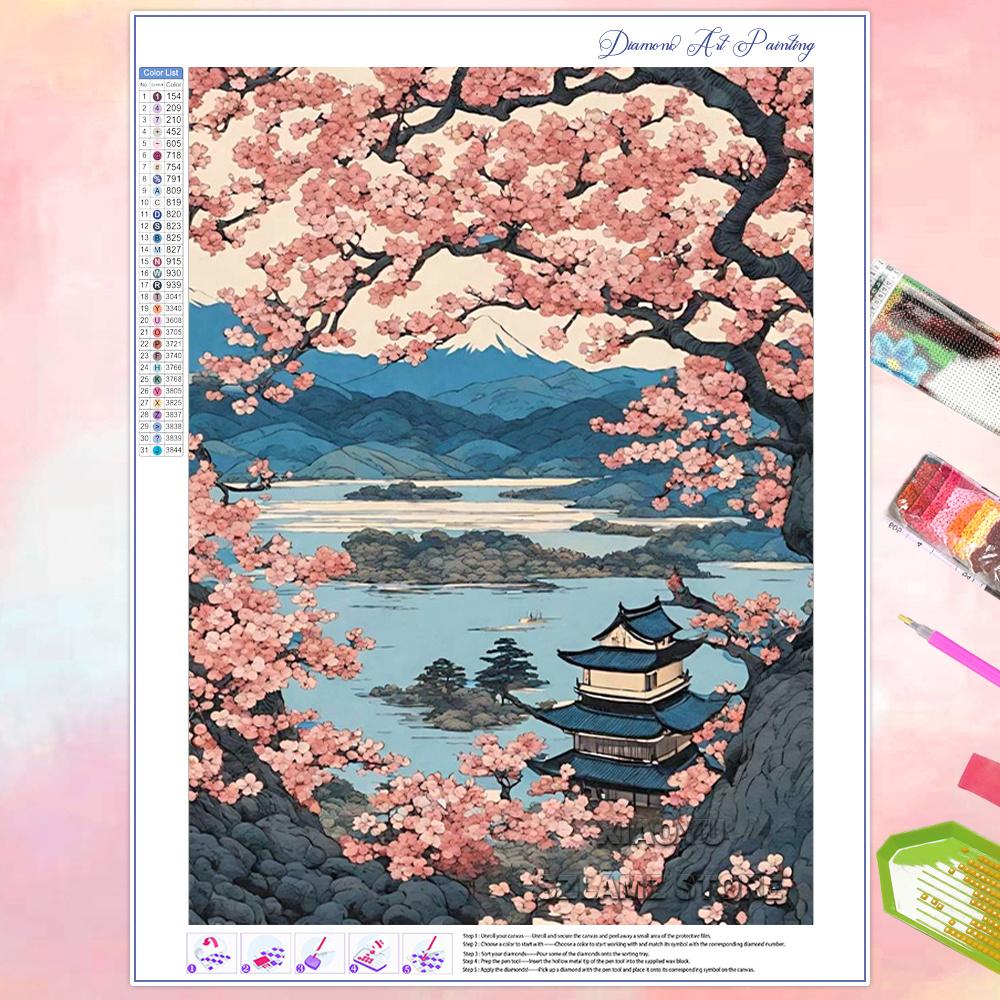 DIY Diamond Painting Cherry Blossom Fuji Mountain Landscape Mosaic Embroidery Cross Stitch Kit Living Room Home Art Wall Decor