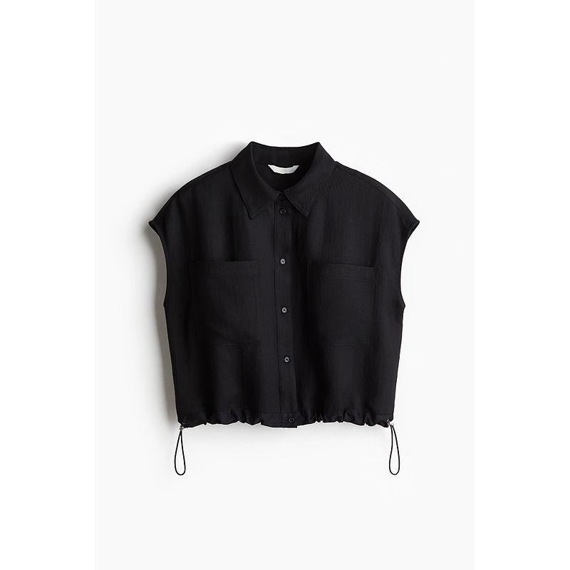 

HM Shirt 2025 Summer New Arrival Women s Sleeveless Lapel Commuting Fashion Oblique Cloth Pattern Drawstring Top 1297167 Black 155/80