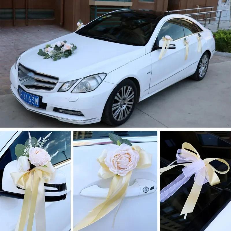 Creative Wedding Artificial Rose Car Decor Flower Door Handles Rearview Mirror Decorate Floral Marriage Props Party Supplies