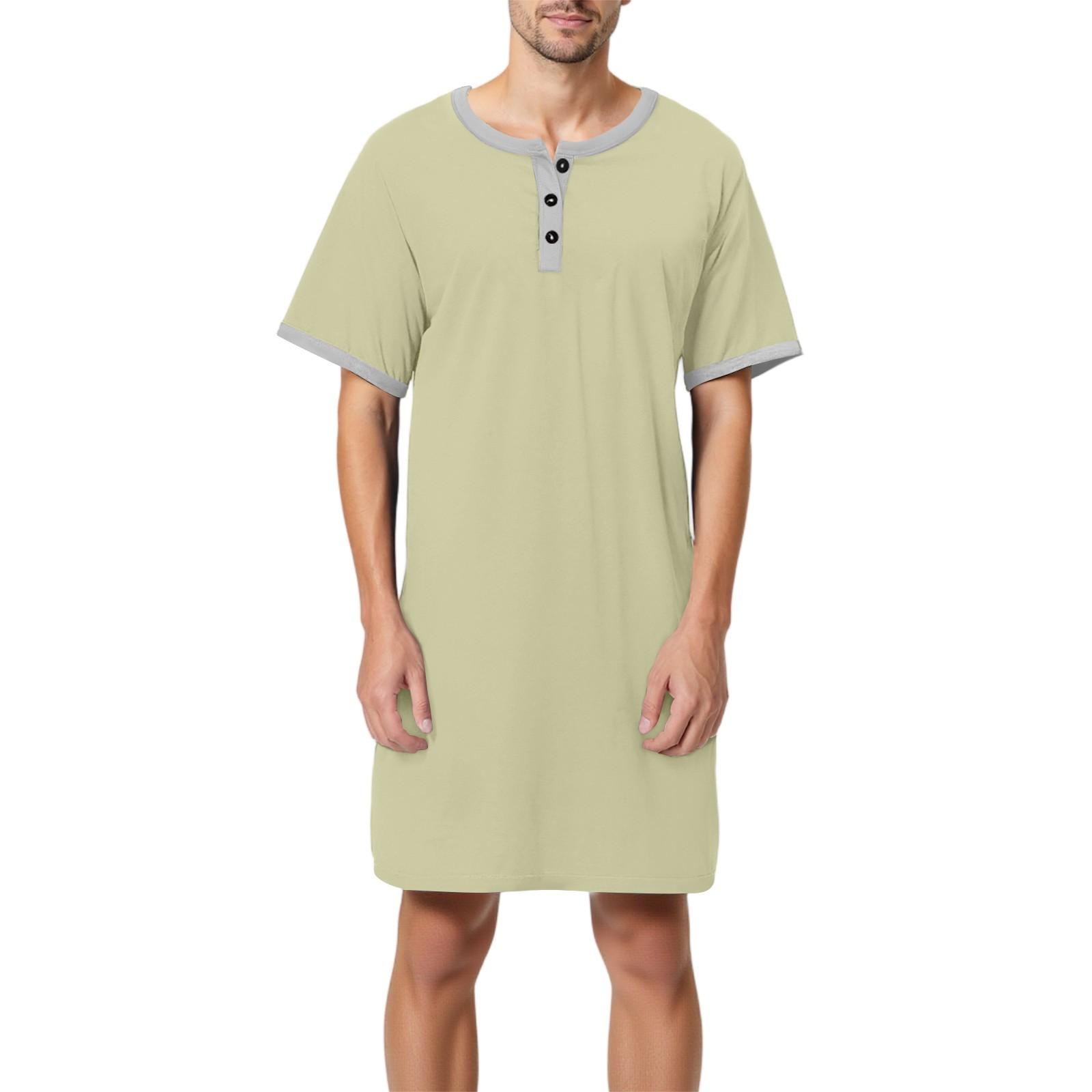 

Мужская однотонная хлопковая пижама с коротким рукавом, рубашка на пуговицах с отложным воротником, длинная свободная пижама, домашняя одежда XL светло-зеленый