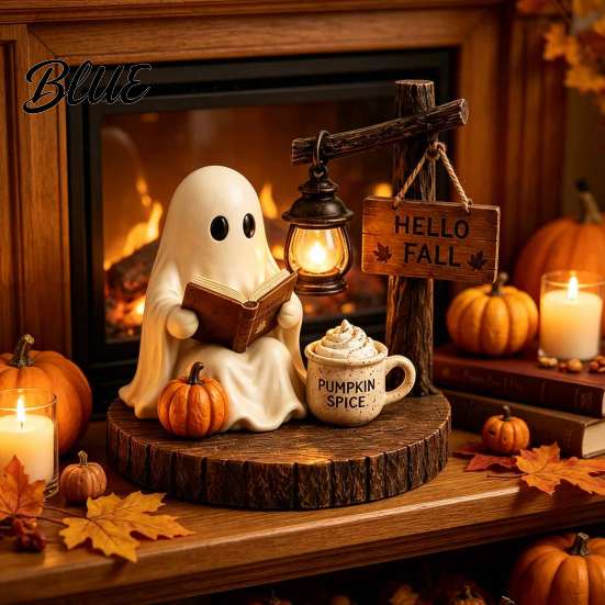 Rustic Halloween Decor Ghost Figurine Vintage Cozy Reading Book/Walking Dog Statue with Lantern Fall Home Accents Light Up Spooky Resin Tabletop