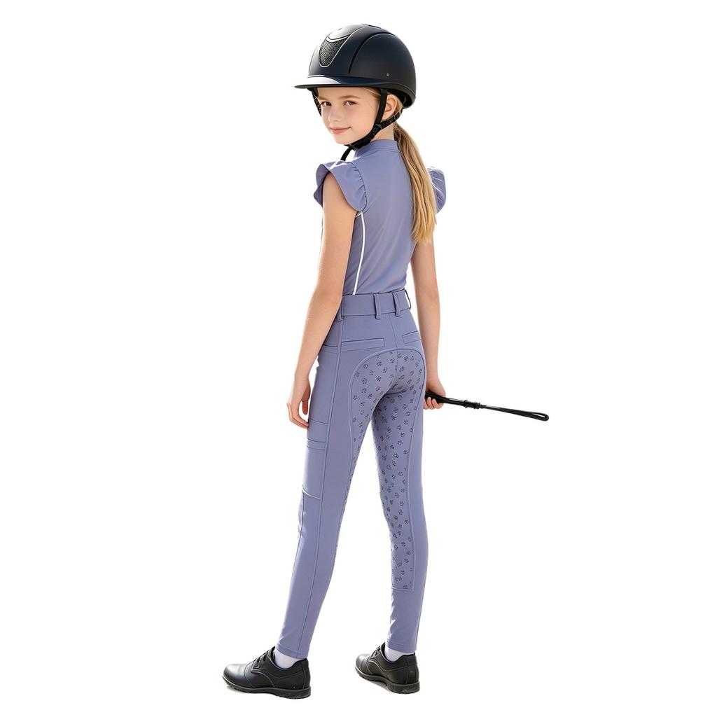 Mädchen Reitsport Reiten Reißverschluss Stehkragen Rüschenärmel Kontrastbesatz Oberteil Anti-Rutsch Vollbesatz Reithose Outfit