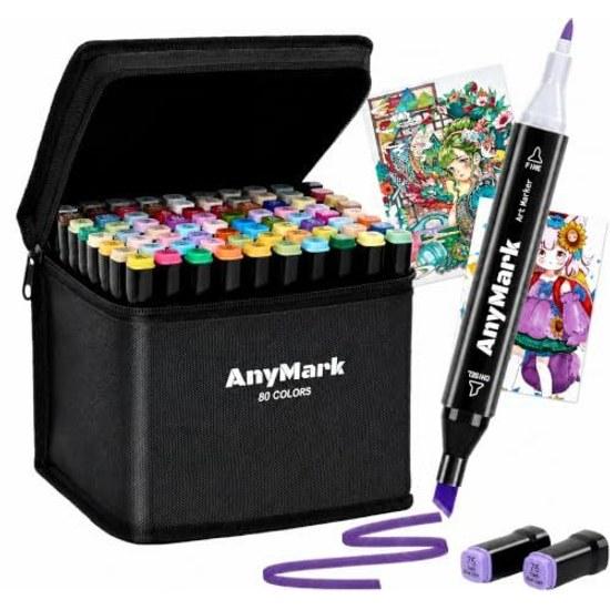 AnyMark Illustration Markers 80 Colors Alcohol Dual Tip Professional Art Supplies Set Adult Coloring Manga Sketching