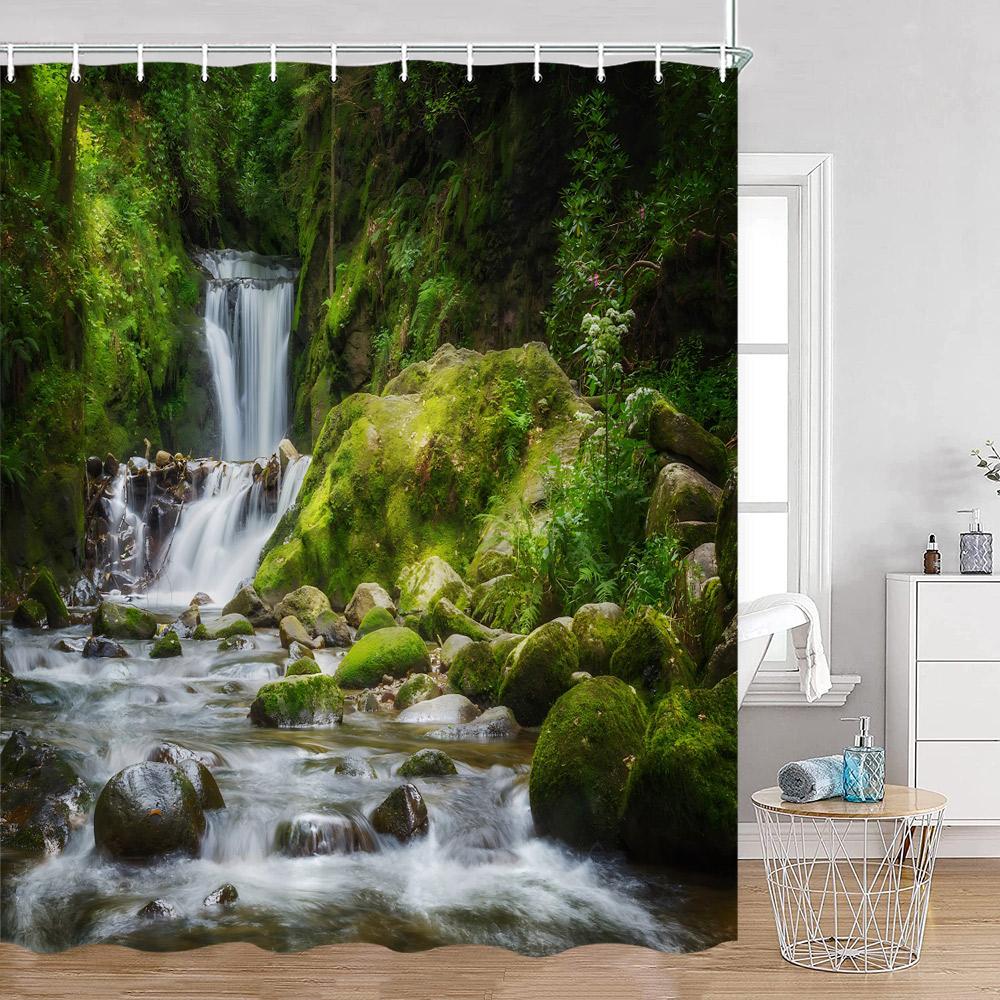 

Waterfall Shower Curtains Natural Landscape Green Plants Forest Nature Greenery Home Decor For Bathroom Polyester Bath Curtain W60H190(CM)-1 Pcs
