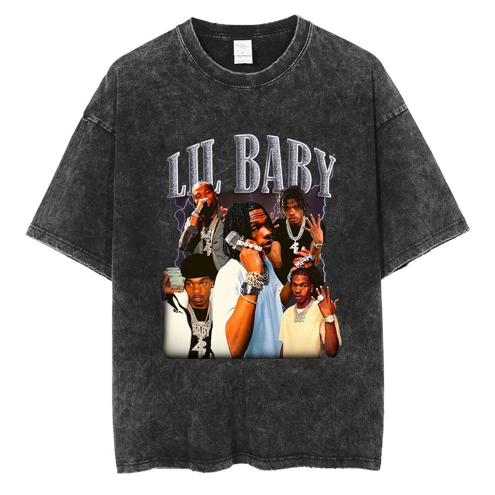 Hip Hop Rapper Wash Vintage Black Lil Baby T Shirt Unisexs Fashion Oversized Tee Short Sleeve Regular Male Tshirt Unisex Streetwear