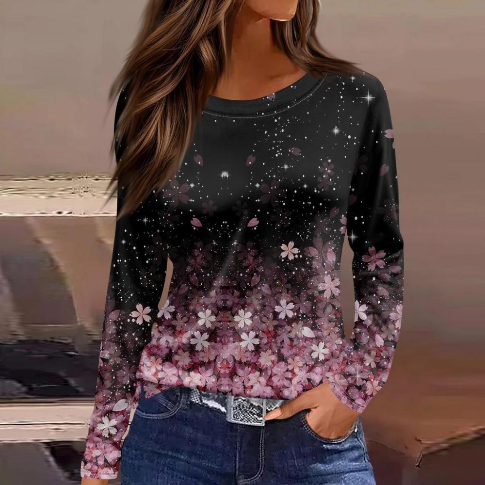 Women's 3D petal falling print fashionable long sleeved shirt