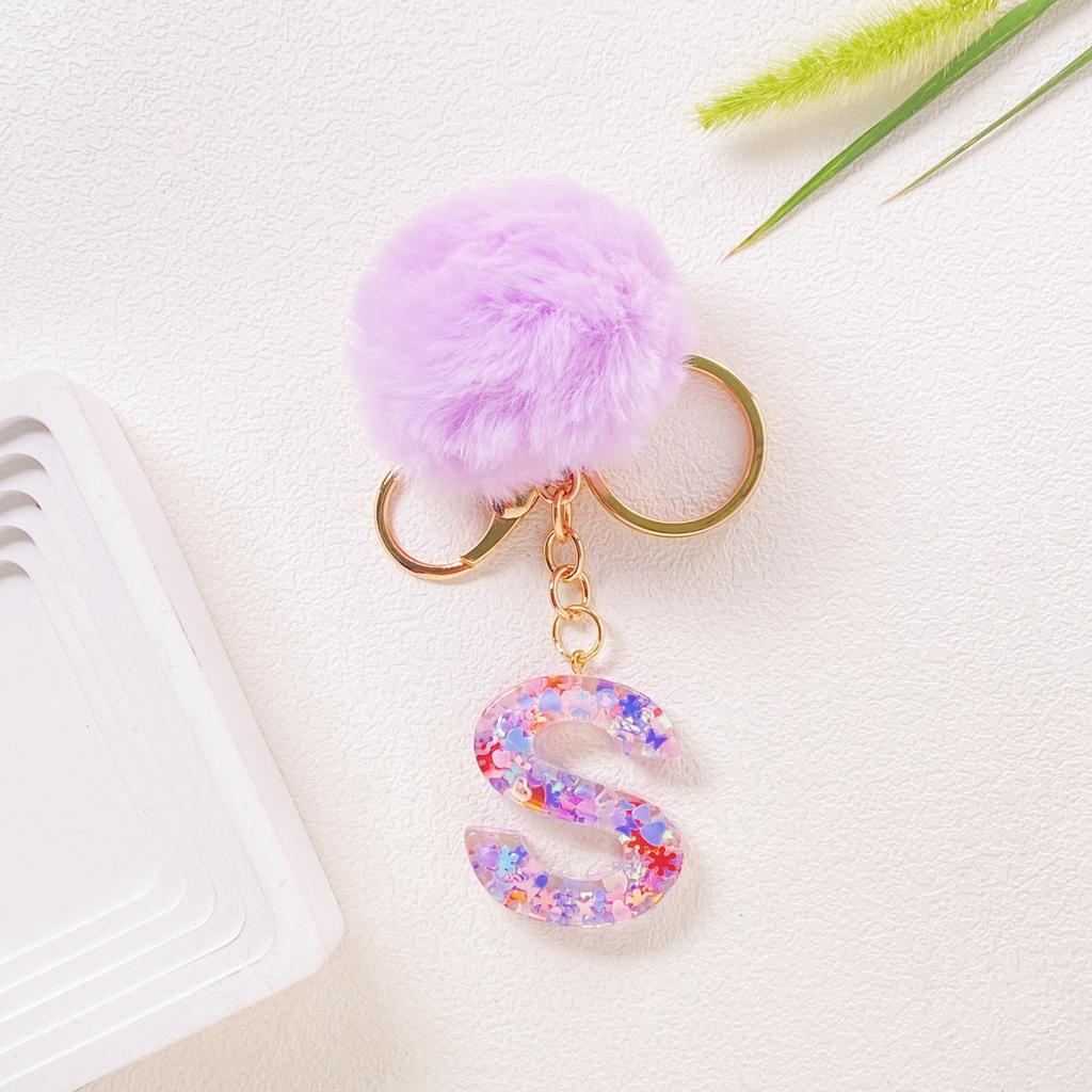 Hairball English 26 Letter Keychain Purple Resin Bag Key Chain Love Sequins Crystal Pendant