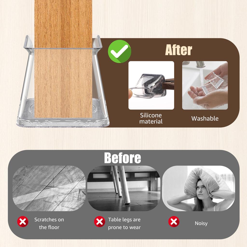 32 Pcs Silicone Chair Leg Floor Protector M/L/XL Anti Slip Furniture Leg Cover with Felt Bottom Square Furniture Feet Protectors