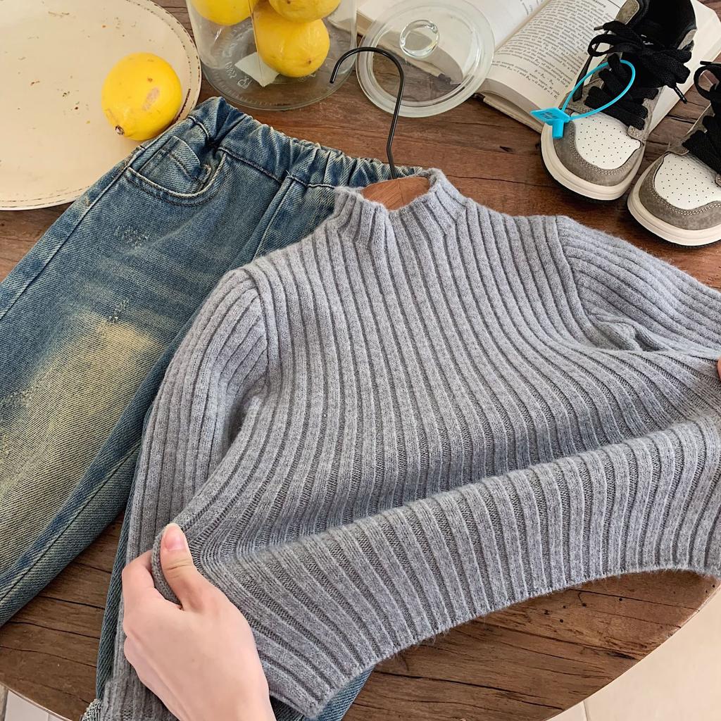 Children's Sweater Autumn/Winter New Collection Solid Color Versatile Knitted Shirt Boys' Stand Up Collar Bottom Shirt