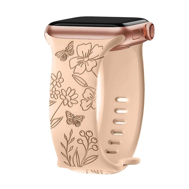 Floral Engraved Strap For Apple Watch Band 40mm 44mm 41mm 49mm 45mm 38mm 42mm Silicone Bracelet Iwatch Series 9 7 Se 6 8 Ultra 2