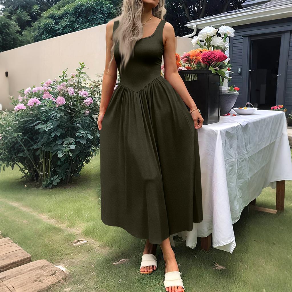 Women's Casual Dress With Square Neck, Long Sleeveless Maxi Dress For Daily Life, Women's Summer Dress
