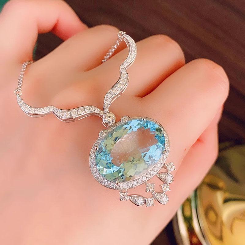 Foydjew 2023 New Fashion Luxury Oval Large Carat Aquamarine Sea Blue Stone Pendant Necklaces Female Elegant Wedding Accessories