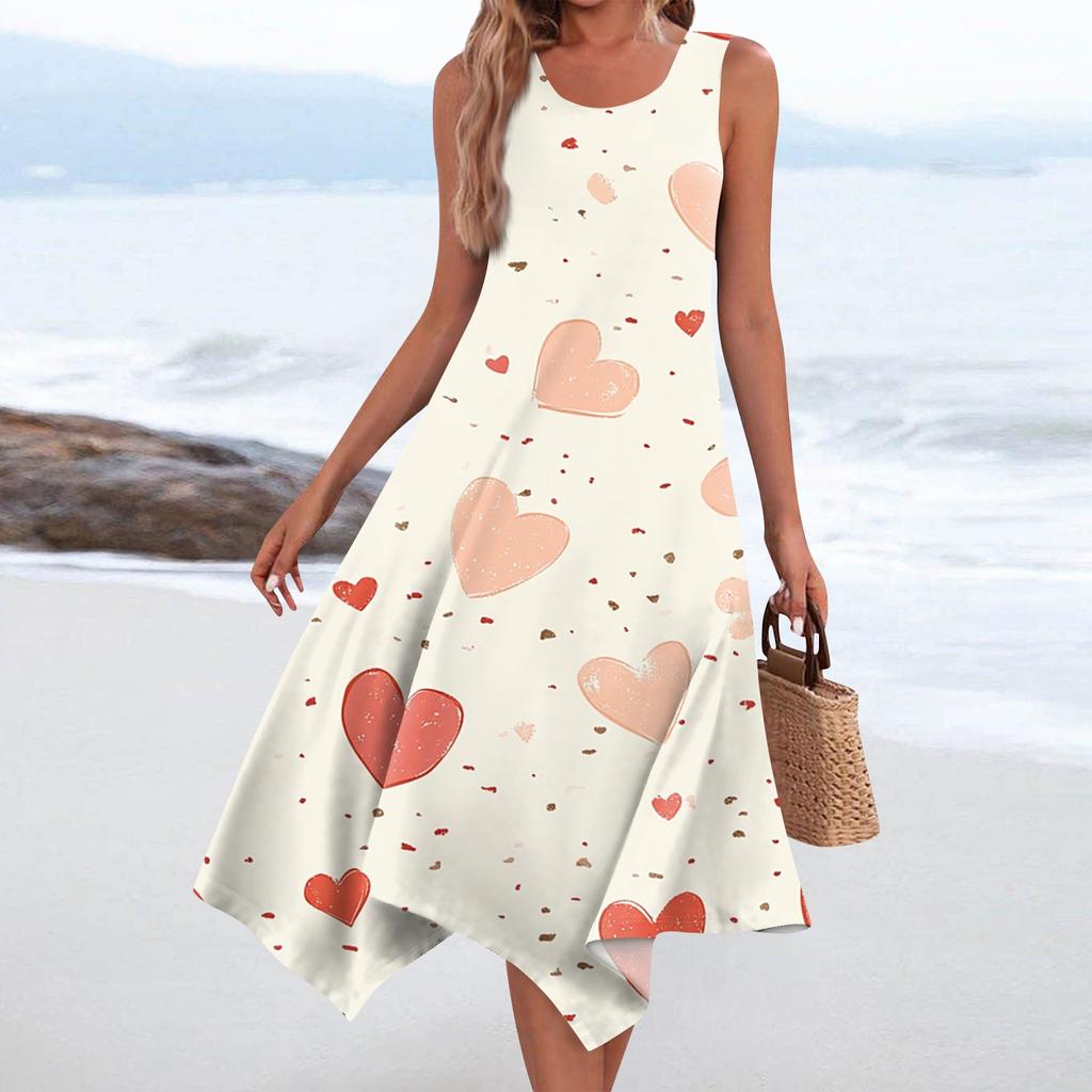 Lässiges, modisches Damen-Midikleid mit Rundhalsausschnitt, ärmellosem Aufdruck und unregelmäßigem Saum