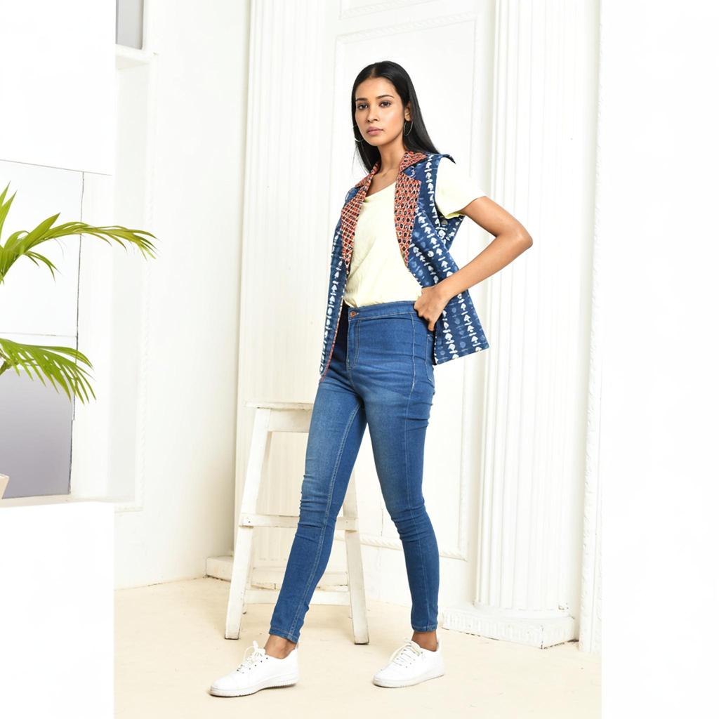 Women’s Indigo Cotton Jacket Casual Sleeveless Ethnic Shrug Waistcoat for Travel Daily Wear