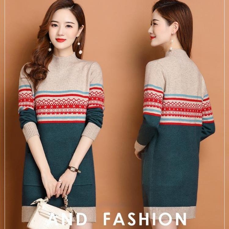 Half Turtleneck Sweater Women's Slim Mid-length Knitted Dress Warm Pullover Autumn and Winter