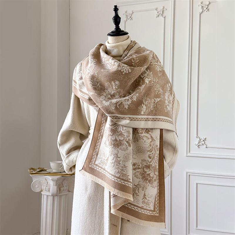 Winter Cashmere Scarf for Women Luxury Warm Shawl Floral Print Windproof Cape Pashmina Handerchief Designer Female Scarf