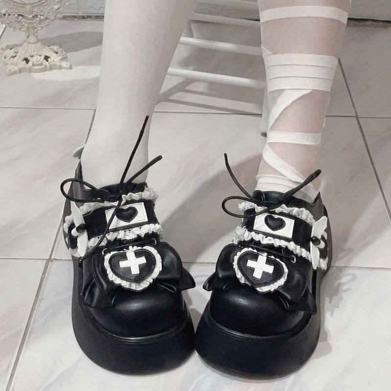 Butterfly Knot Thick Soled Lolita Shoes Women Casual Board Shoes Round Toe Bread Japanese Girls Single