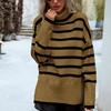 Fashion Women Casual Loose High Neck Striped Knitted Sweater Top Autumn Winter New