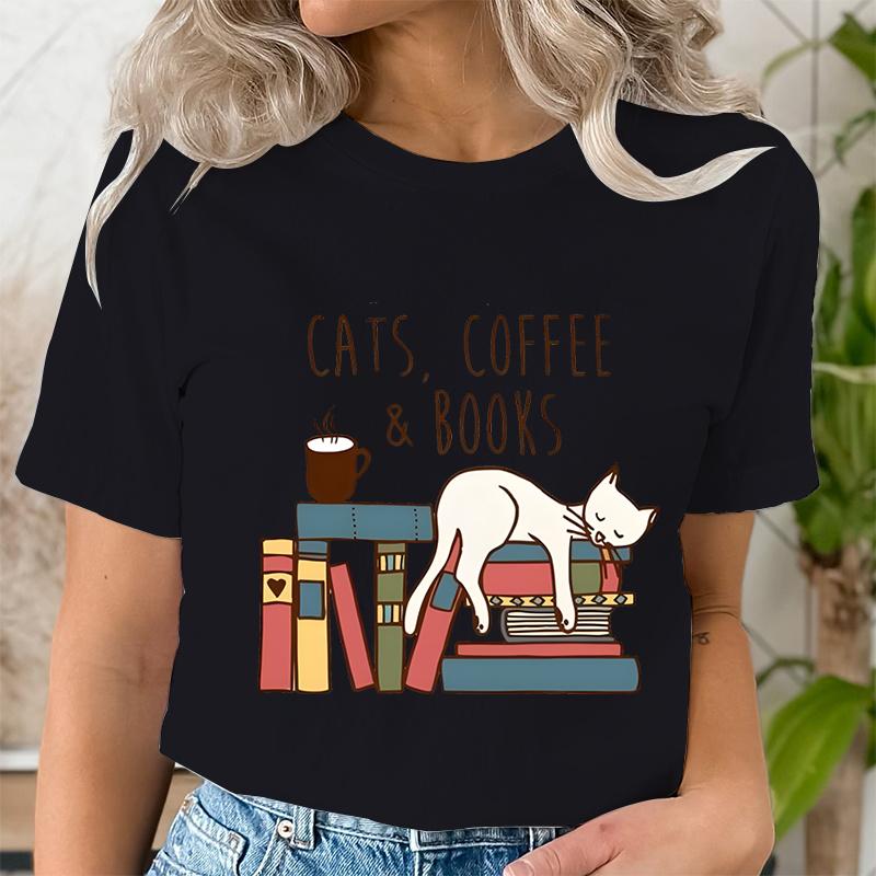 Cats Coffee Books Women Cute Bookworm TShirts Funny Book Lover T Shirt Vintage Reading Graphic Tees Female Bookish Tops Tshirt