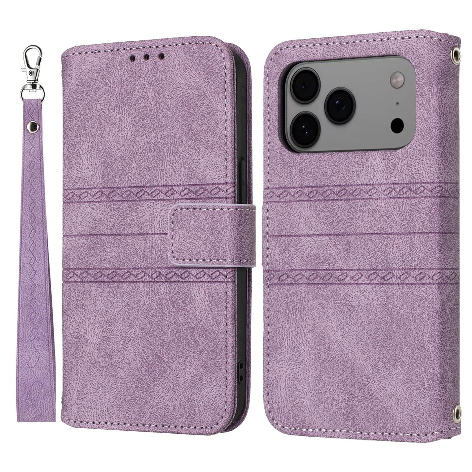 

For iPhone 17 Pro Max Case Wallet Skin-Touch Leather Imprinted Phone Cover with Wrist Strap Purple