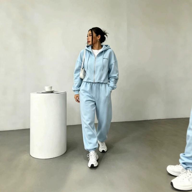 Womens Short Hooded Zip Sweatshirt Set High Waist Pants Solid Color Casual Sportswear