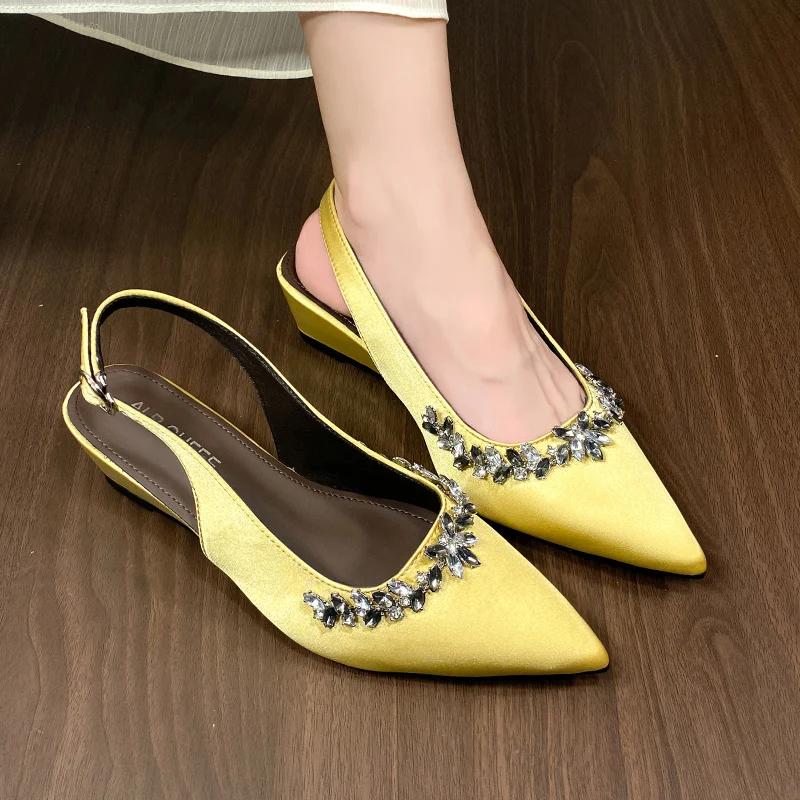 Crystal Women Mid Heels Sandals Wedges Pointed Toe Elegant Summer Woman Shoes 2025 Pumps Sandalias De Mujer